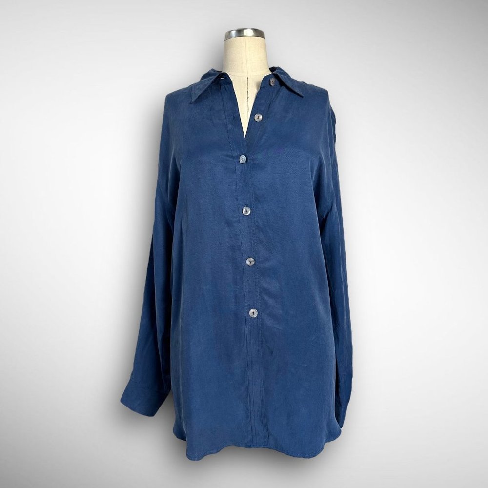 vintage 90s silky blue Karen Kane women's button up blouse 12 oversized office